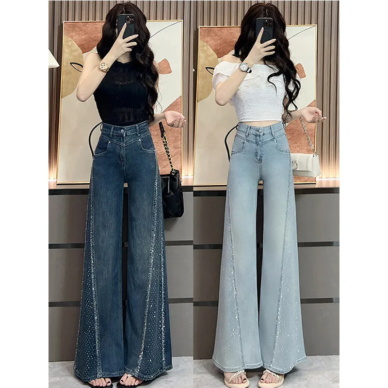 

Women's 2026 Summer High Waist Rhinestone Flare Jeans Luxury Chic Wide Leg Denim Pants Slim Fashion Designer Streetwear Trendy