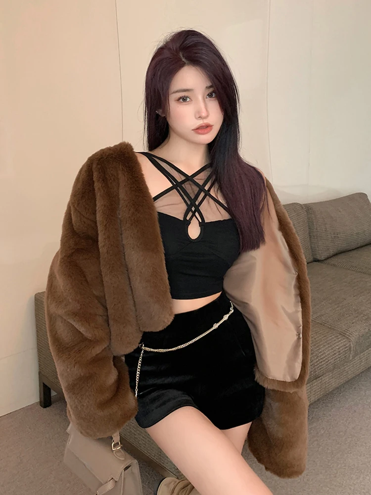 Women V-Neck Senior Fluffy Plush Faux Fur Jacket Autumn Winter 2023 New Temperament Thickening Warm Single Breasted Short Coat