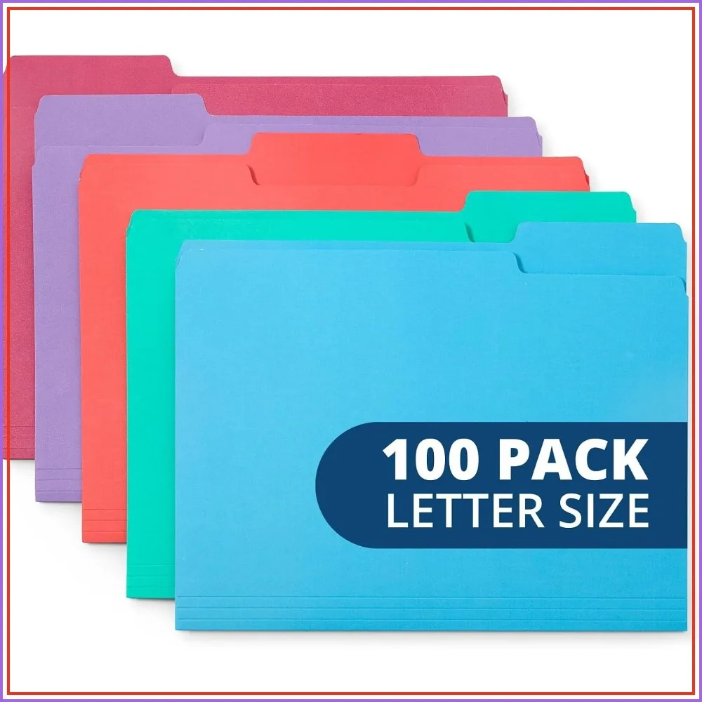100 Pack Letter Size File Folders, 1/3 Cut Tab, Assorted Gem Tones, Durable 11pt Paper, for Home Office School Organization