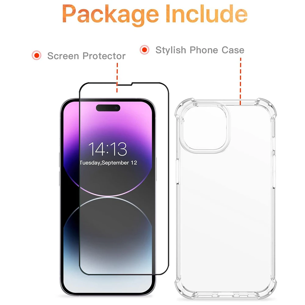 Clear Phone Case For iPhone 14 13 11 12 Pro Max 7 8 Plus XR XS Max Anti-Burst Screen Protector (Transparent Case+Tempered Glass)