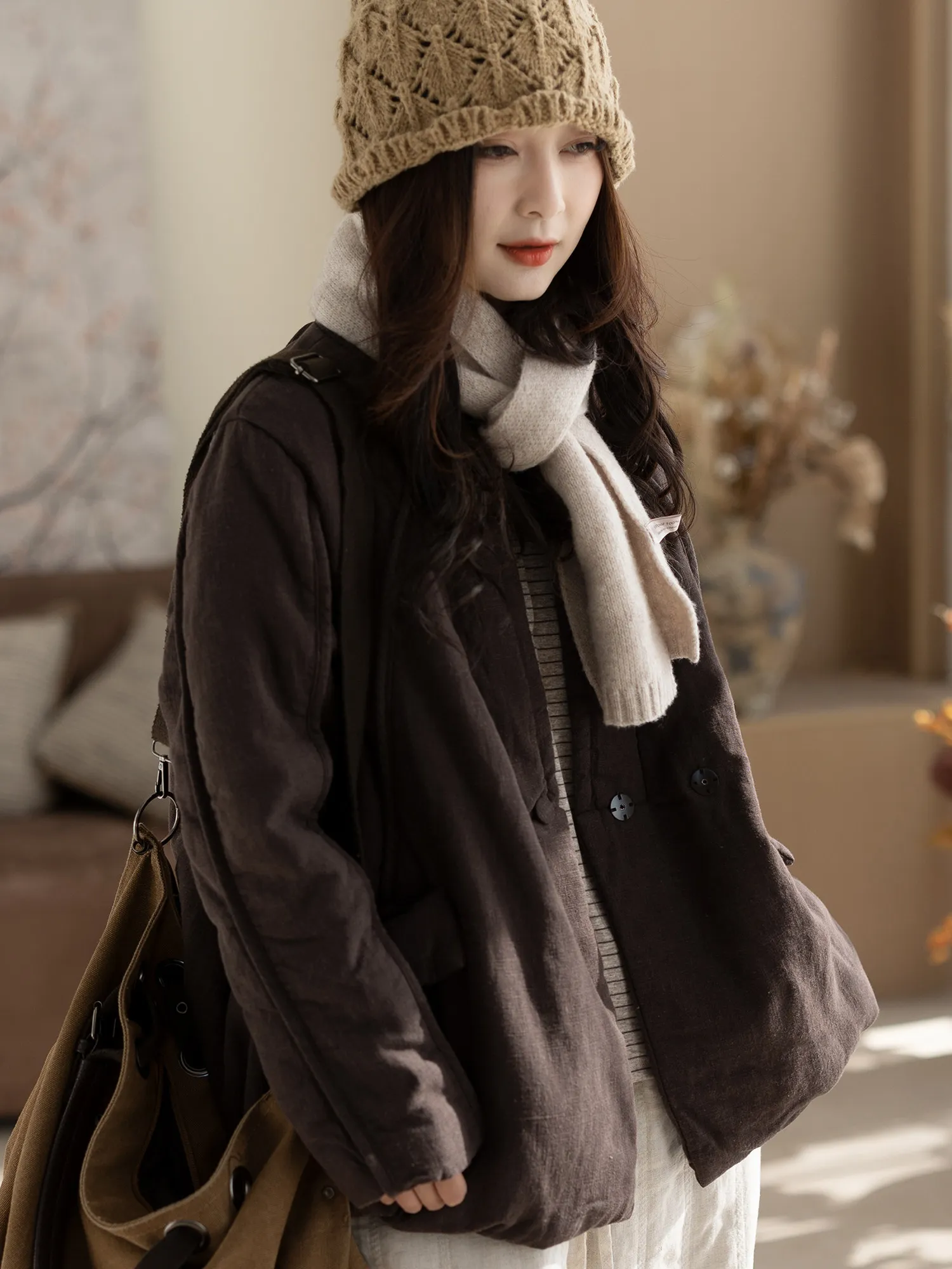 Autumn and Winter New Women's Cotton Jacket V-neck Casual Linen Jacket