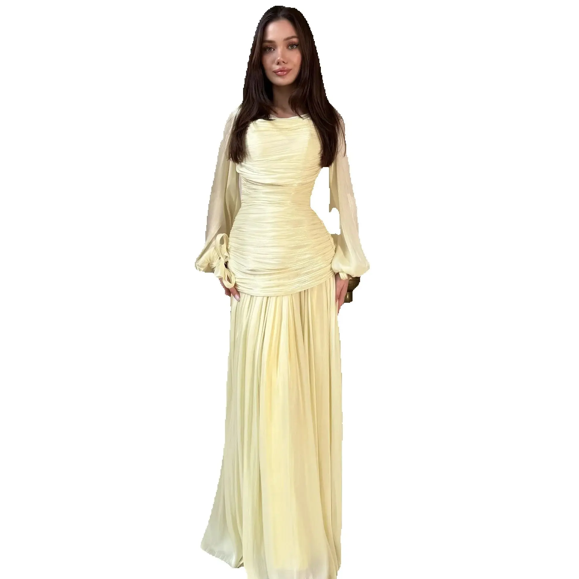2026 Elegante damesjurk met drapering, effen, lang, O-hals, lange mouwen, taille, casual, feest- en avondjurk - afbeelding 2
