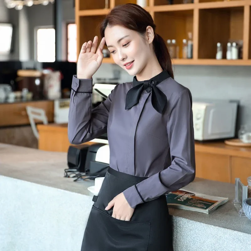 Long Sleeve Hotel Food Service Waiter Uniform Women Western Restaunrant Waitress Uniform Catering Shirt and Apron Work Clothing