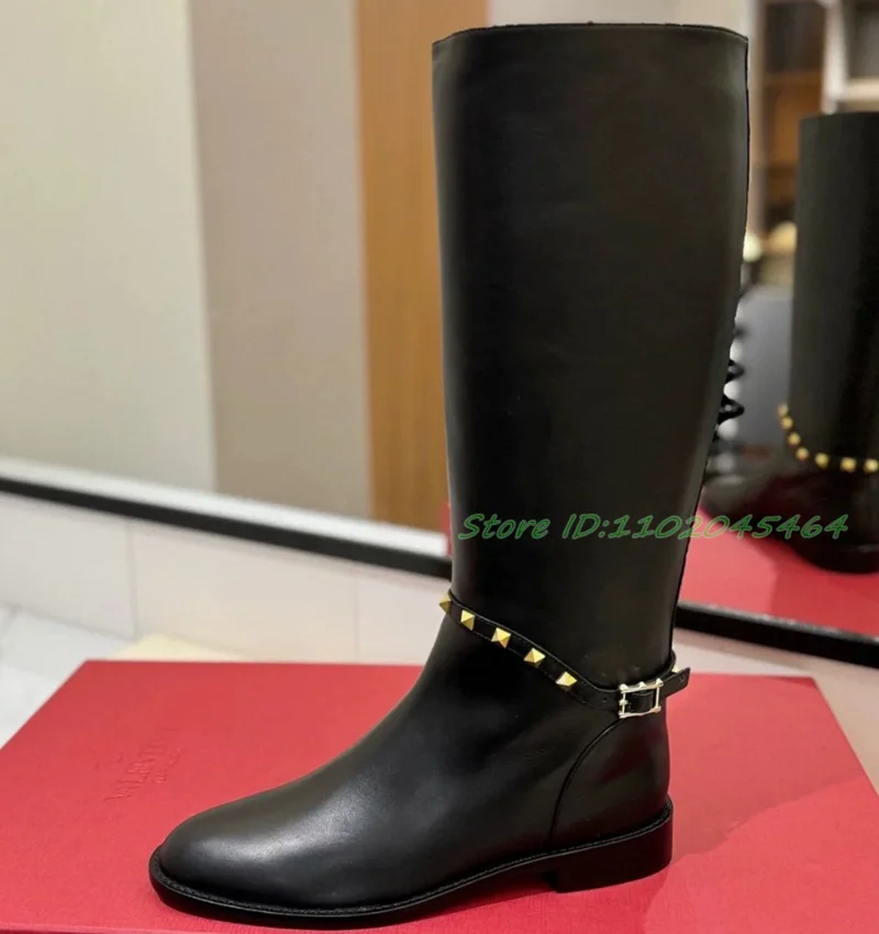 Black\Brown Rockstud Flat Leather Knee High Boots Soft Women's Round Toe 2024 Winter Pull on Long Boot Luxury Designer Shoes