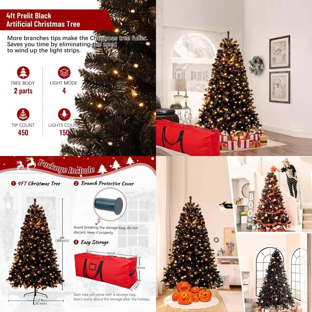 

Черная искусственная рождественская елка высотой 4 фута с 150 лампочками, 450 насадок, складная подставка