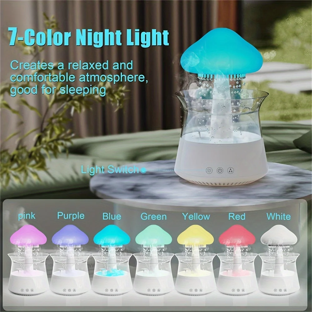 

7-Colour Variable Cloud and Rain Humidifier with Remote Control - Vaporizer Humidification, Water Drop, Waterfall Light, Mushroo