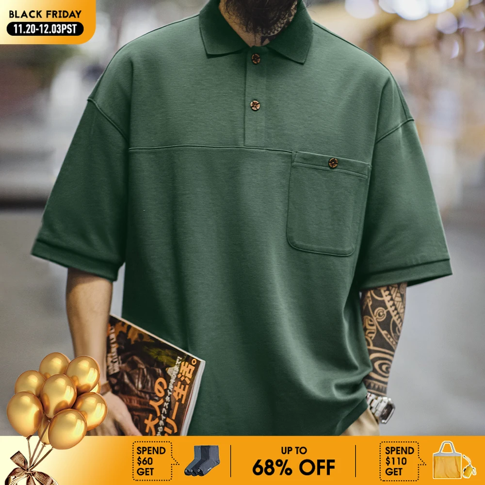 

Maden New Vintage Green Lapel Short Sleeve Polo Shirt Men's Summer Loose Fit Casual Pocket Tee Business Casual Versatile T-Shirt