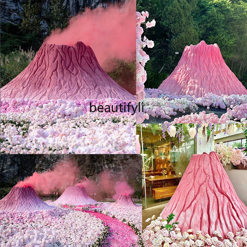 Outdoor Pink Volcano GRP Sculpture Scenic Spot Clock-in Drainage Wedding Photo Floor-Standing Decorations Big Decorations