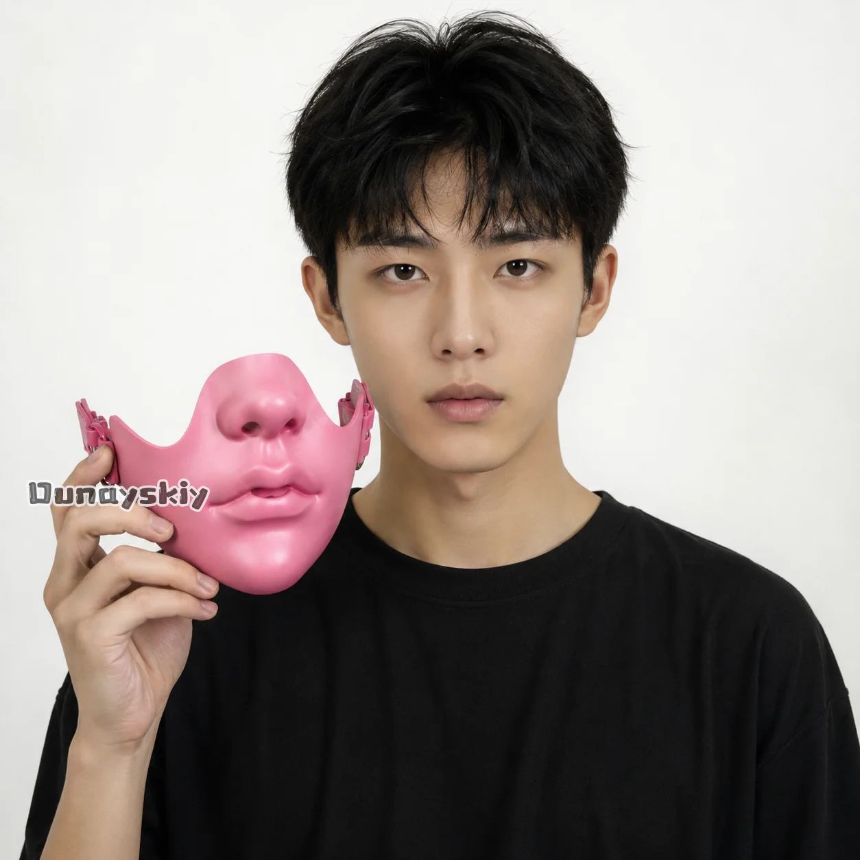 2026 Halloween Pink / Black Resin Half Face Mask With Adjustable Buckle Strap Realistic Human Face Design Cosplay Costume