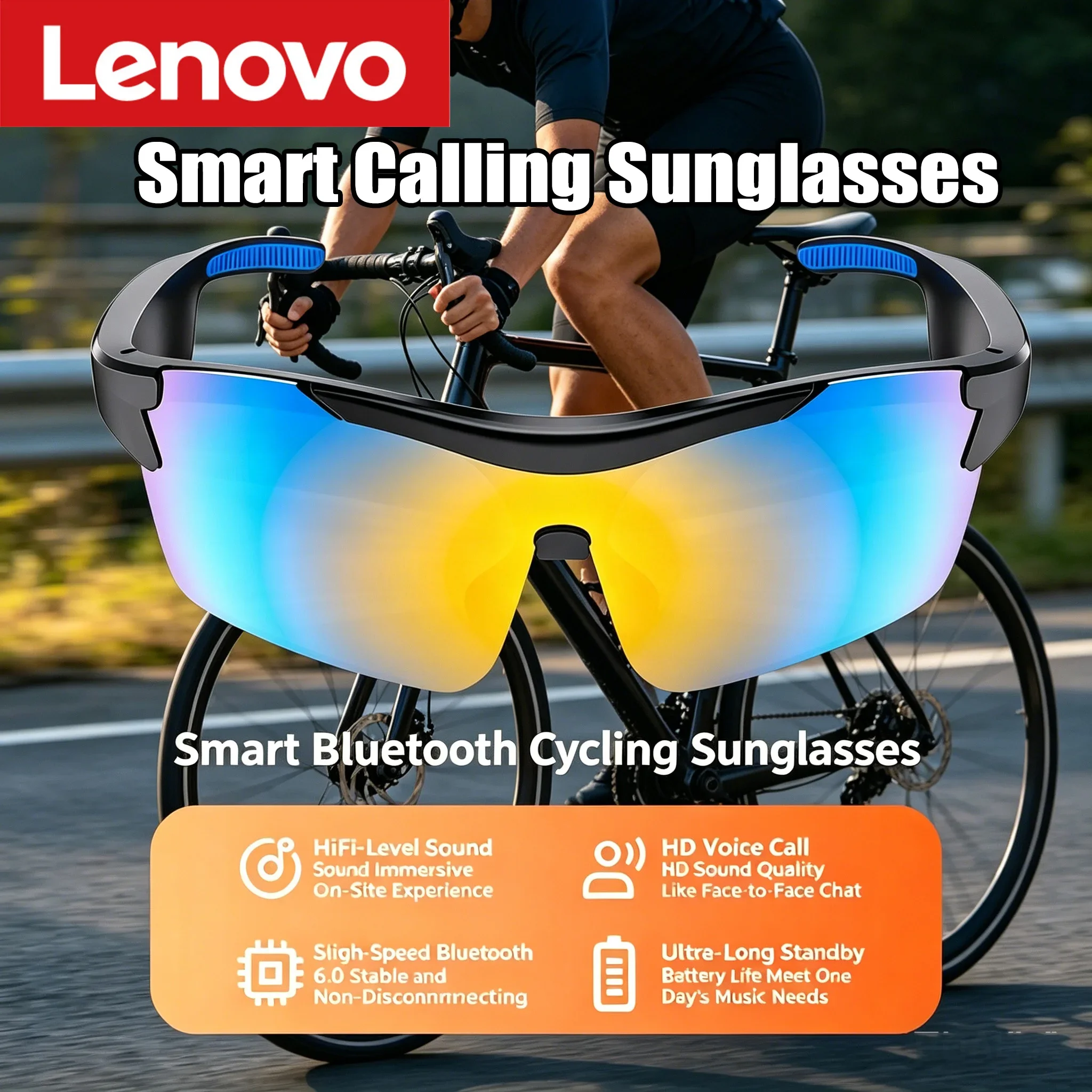 Lunettes Bluetooth Lenovo avec traduction IA, Bluetooth 5.4 pour les sports de plein air et la protection solaire, prennent en charge les appels et la musique