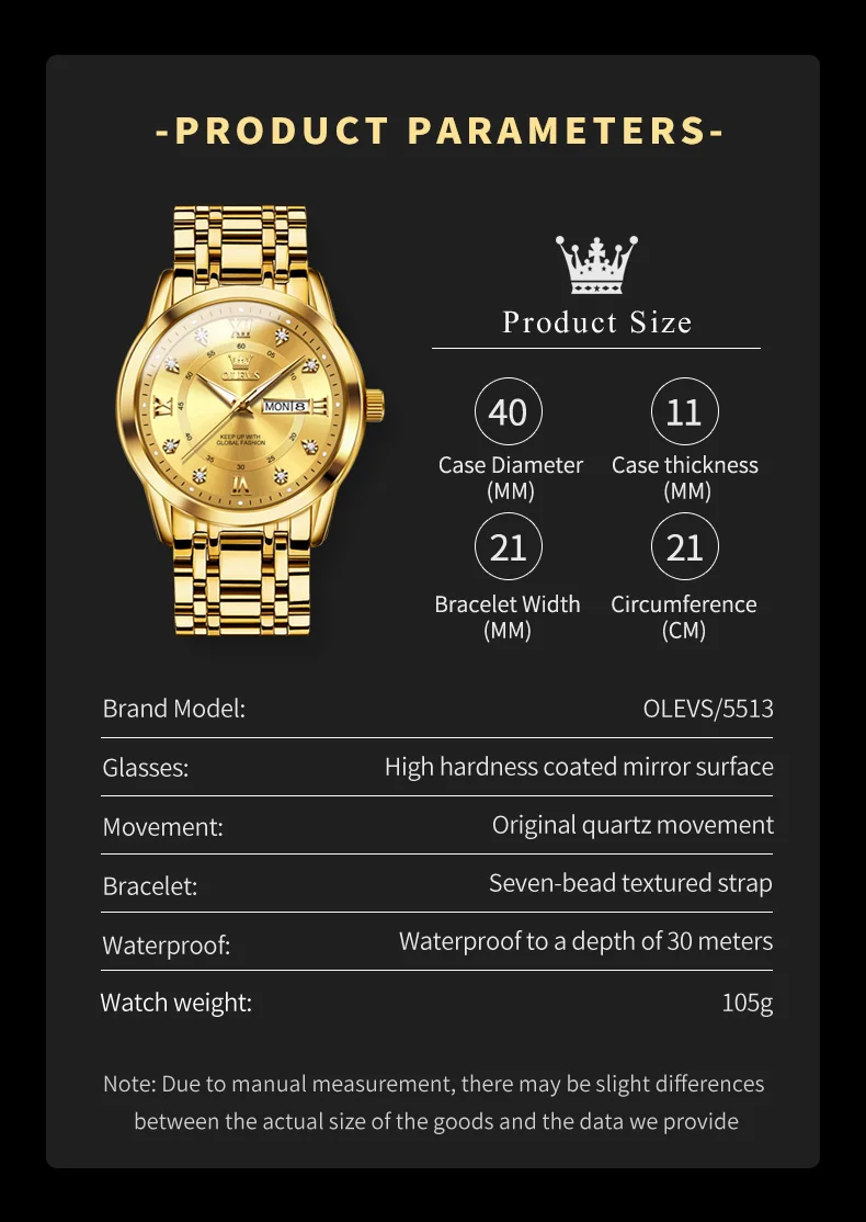 OLEVS 5513 Orologio al quarzo da uomo Diamanti di lusso Impermeabile Oro luminoso Acciaio inossidabile Settimana Data Orologio da polso da uomo Reloj Hombre