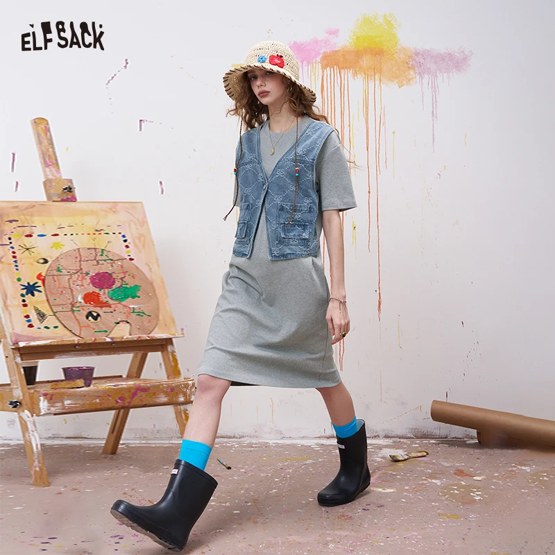 

ELFSACK Two Piece Look Dress with Denim Vest Decor, Harajuku Patchwork Midi Dress for Women, Retro Streetwear Fake-Two Robe