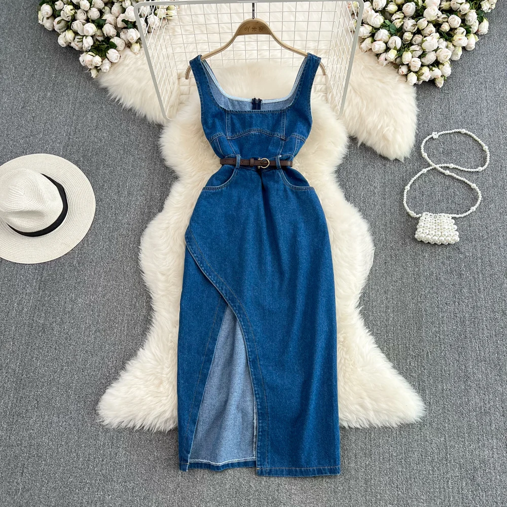 ssTss Denim Strap Dress 2024 Fashion Women Goddess Waist Slim Sleeveless Jeans Dress Ladies Side Slit A-line Vest Denim Dress