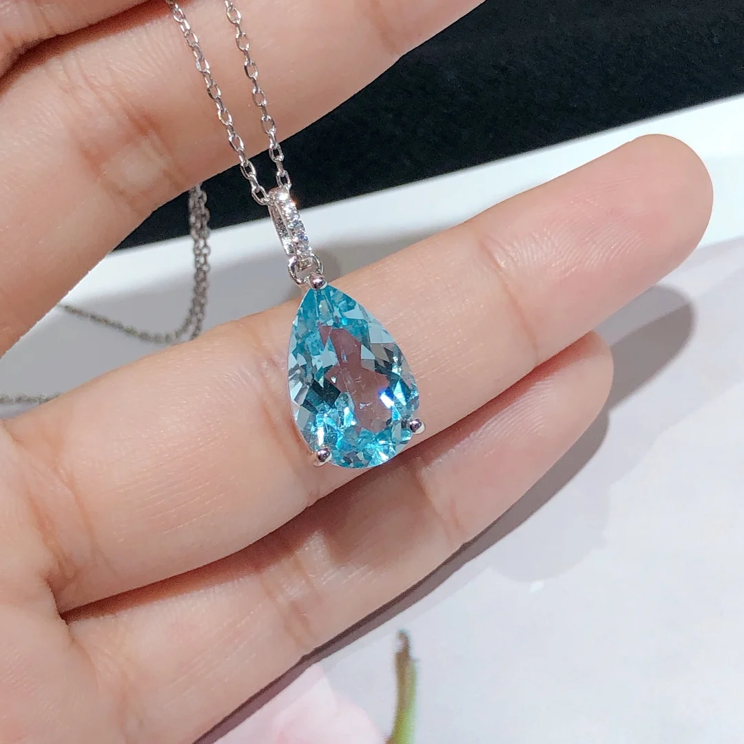 Trendy Necklace for Women Silver 925 Jewelry Water Drop Shaped Natural  Aquamarine Pendant Neck  Engagement Wholesale