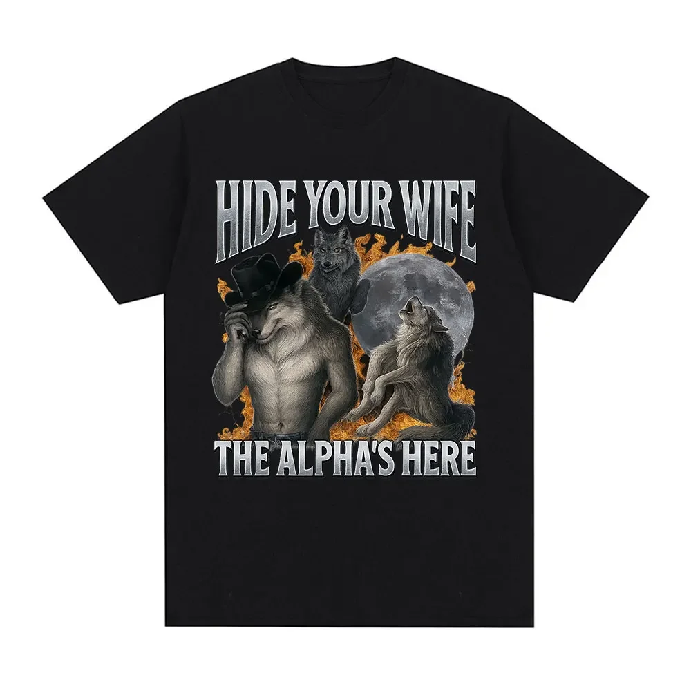 Ocultar tu esposa alfa aquí. Divertida camiseta gráfica de hombre lobo Emoji para moda hip-hop casual de manga corta