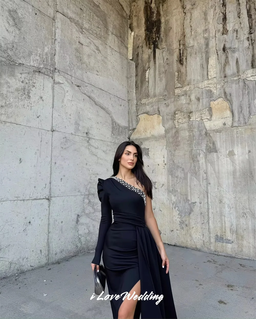 Black One Shoulder Evening Dresses 2025 Satin Long Sleeve Beaded Mermaid Side Split Floor-Length Sweep Train Pleated Customized