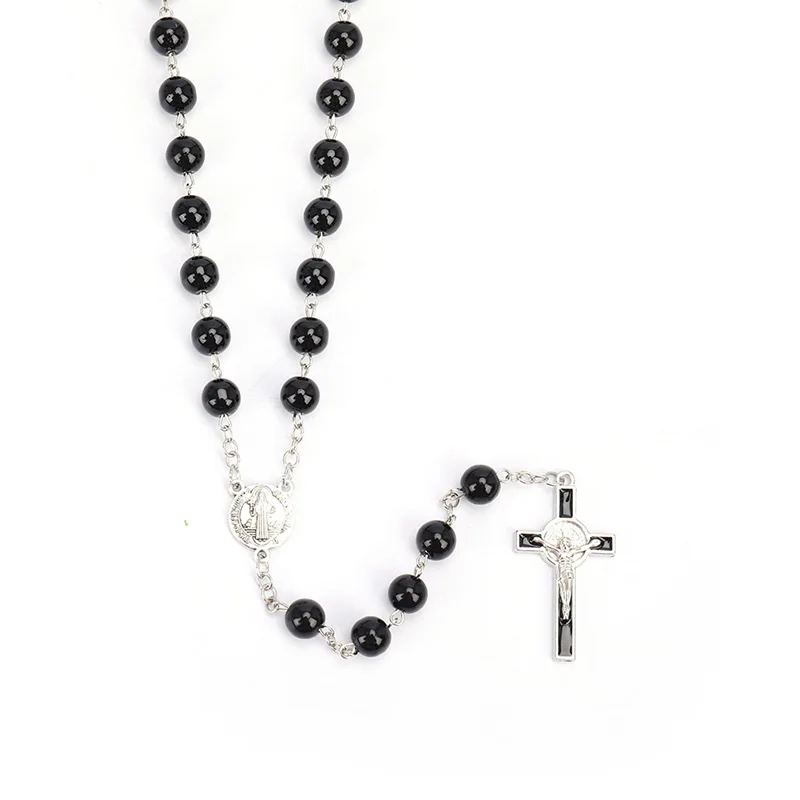 New Fashion Handmade Round Glass Bead Catholic Rosary Quality Bead Cross Necklace Beads Cross Religious Pendants Necklace