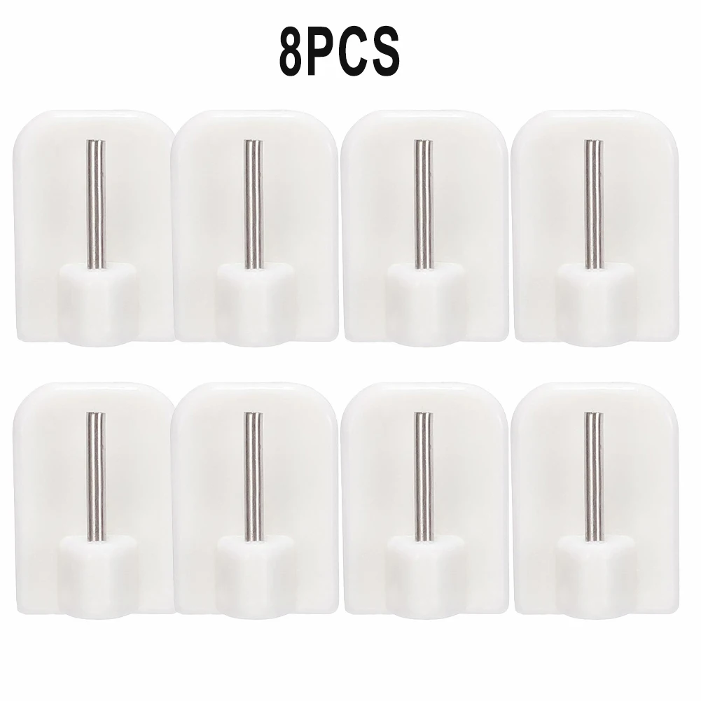 4/8/12pcs Curtain Rod Hooks Self-adhesive Hooks For Smooth Walls No Drill Required Stainless Steel And PVC Construction White