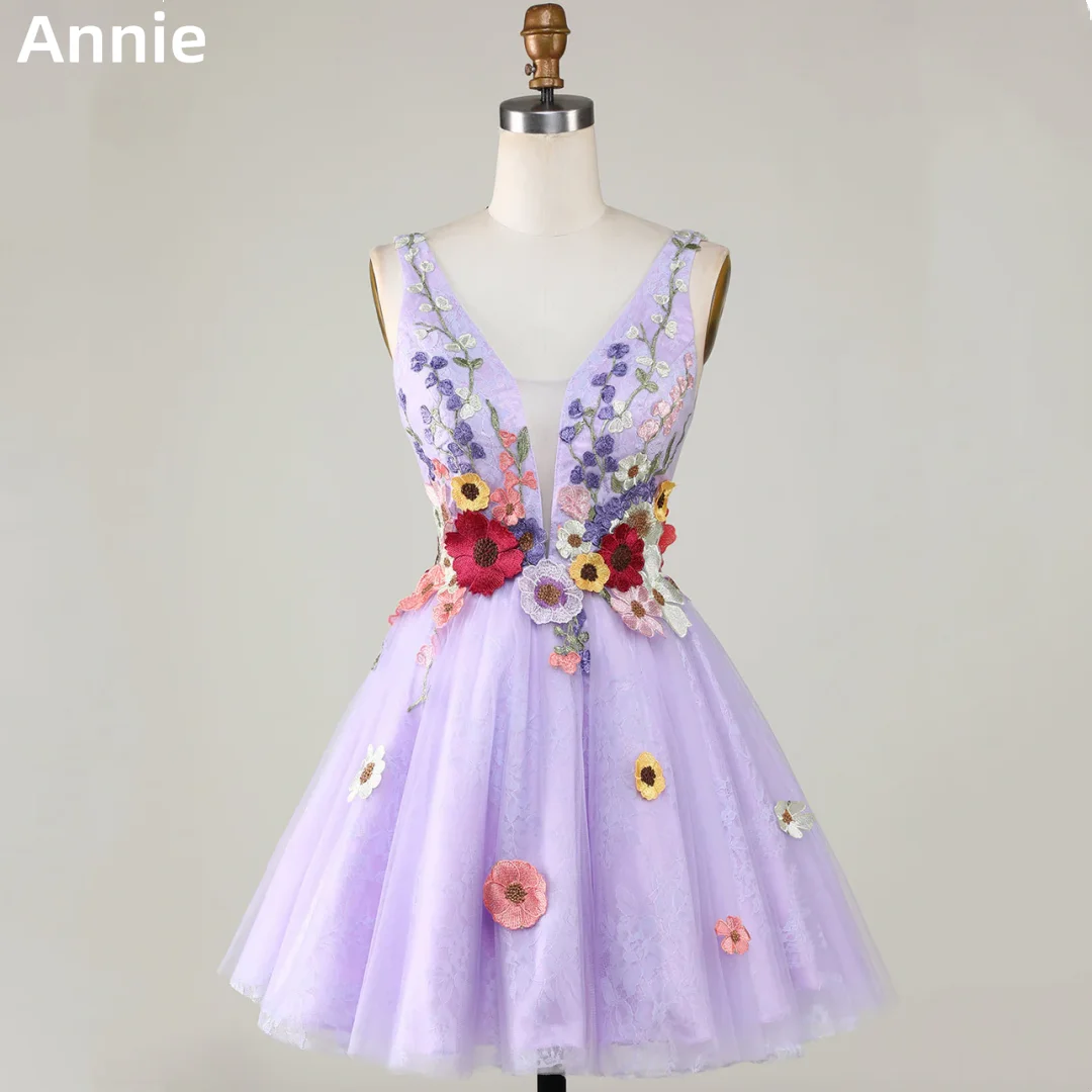 

Annie Sweet Lavender Purple Prom Dresses Tulle Floral Embroidery Princess Evening Dresses Coming of Age Ceremony Party Dress