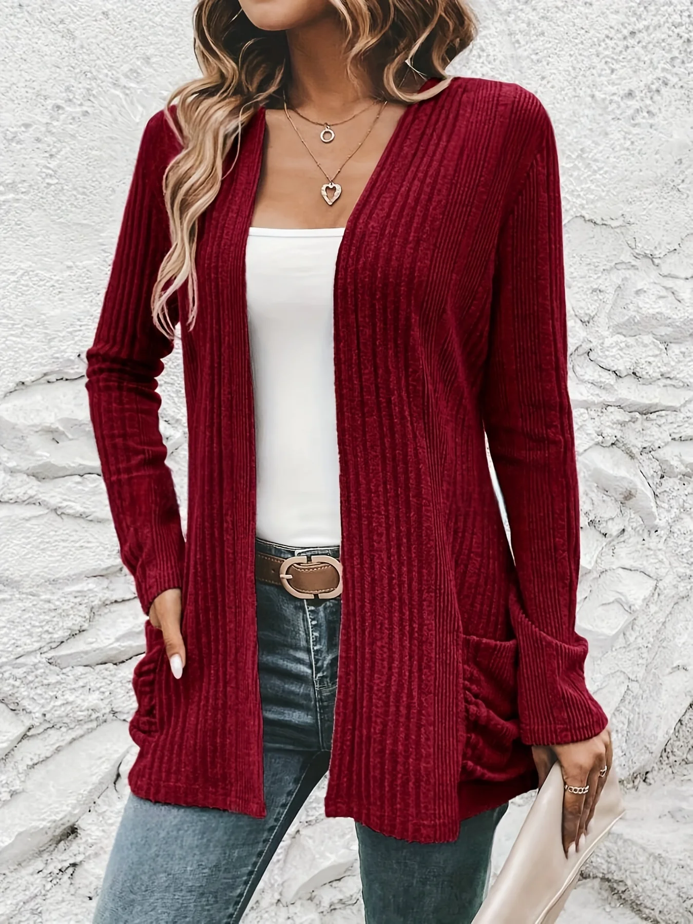 Elegant open front solid cardigan, long sleeve double pocket cardigan, suitable for spring and autumn, women\'s clothing