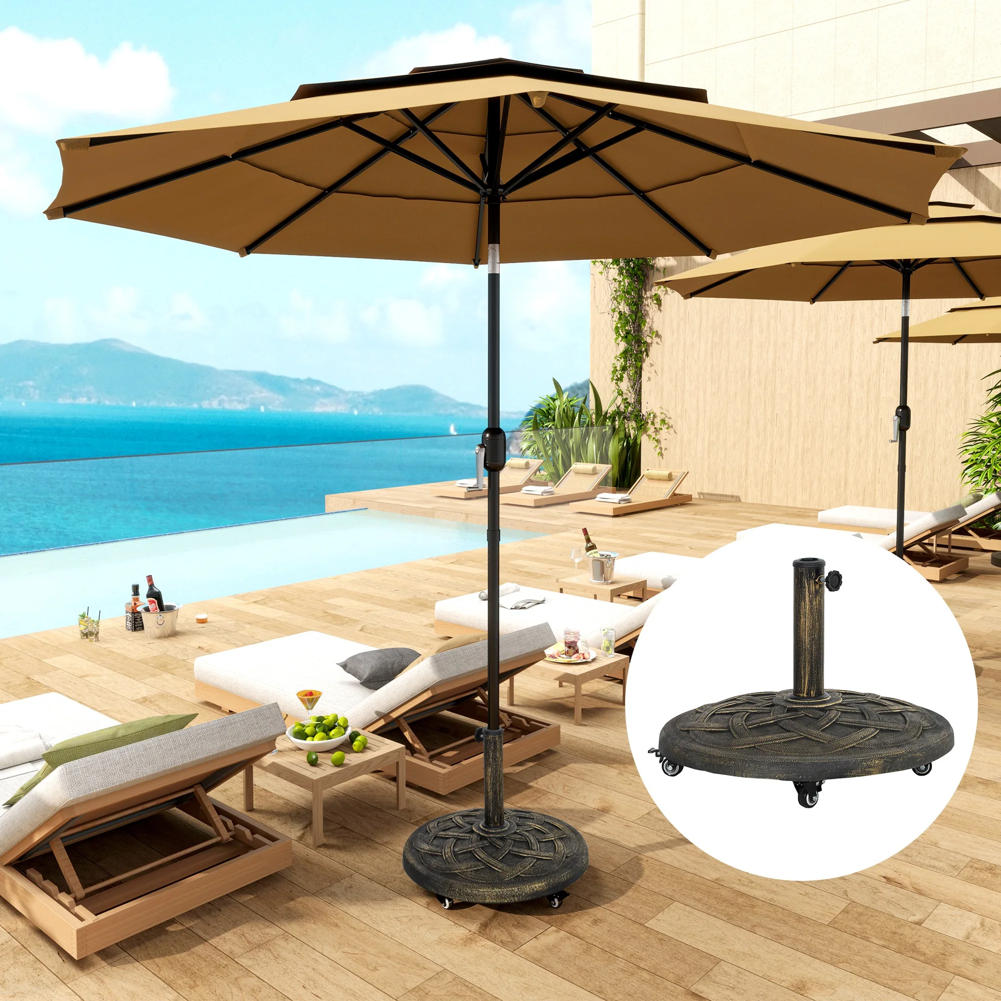 Round Patio Umbrella Base with Wheels, 44 lbs Resin Stand Fits 1.3/1.5/1.9