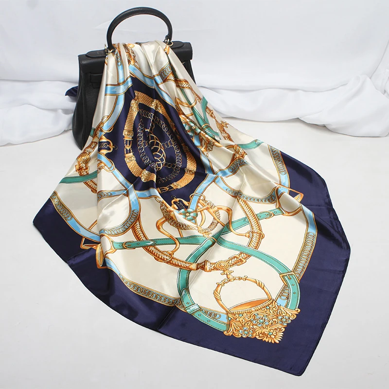 

Handkerchiefs Hair Silk Scarf 90*90cm Print Satin Big Square Silk Scarves Shawls for Women Luxury Brand Designer Hijab Headband