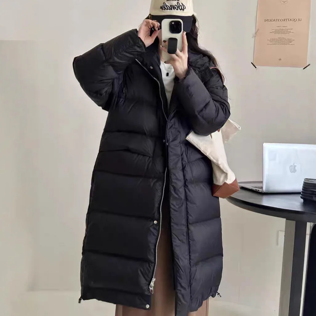 Chaqueta gruesa de plumón de pato blanco para mujer, chaqueta acolchada larga por encima de la rodilla, abrigo cálido de moda con capucha, novedad de invierno de 2026