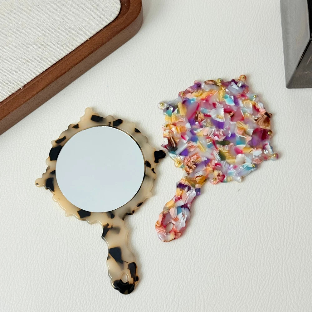 1pc Delicate Acetate Pattern Handle Mirror Portable Travel Compact Makeup Mirror Daily Touch Up Handle Mirror For Girls