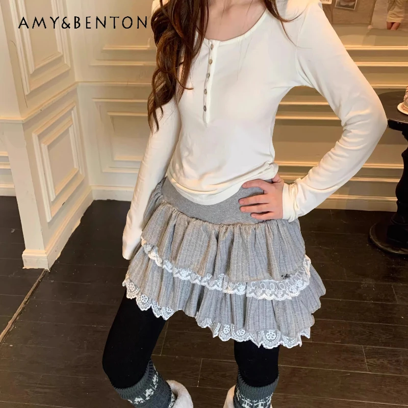 

Серая милая юбка принцессы в корейском стиле, осень-зима 2022, новые студенческие кружевные короткие юбки трапециевидной формы с высокой талией, женские короткие юбки