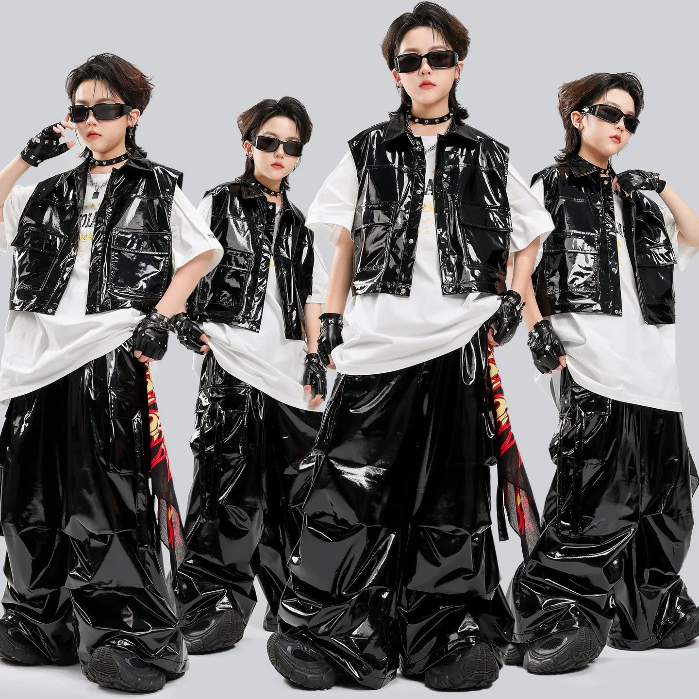 

Костюм для танцев в стиле хип-хоп для мальчиков, детский черный кожаный жилет, брюки, костюм для выступлений, одежда для джазовых уличных танцев для девочек, сценическая одежда BL19077