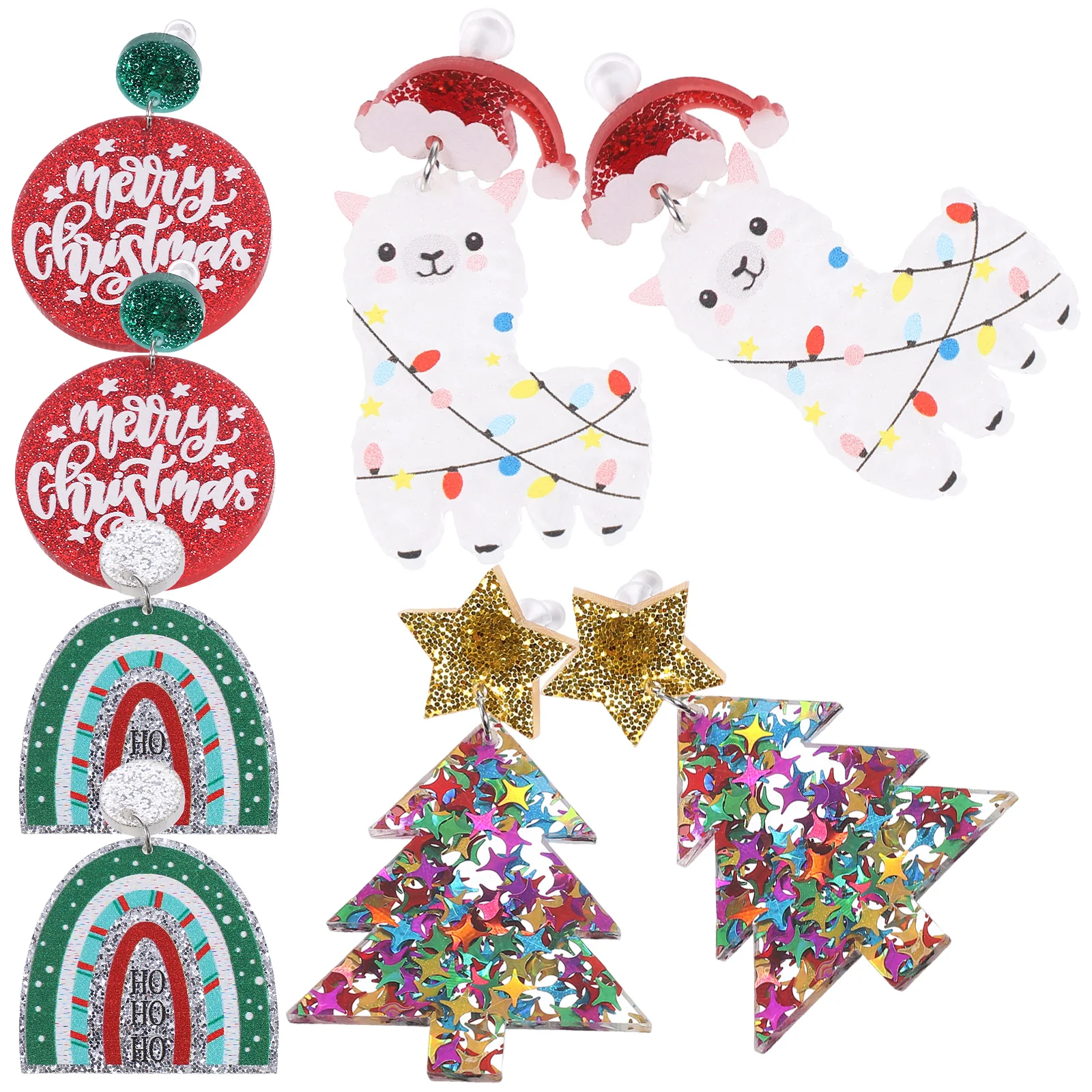 

4 Pairs Colorful Stud Earrings Christmas Tree Decorations for Ornament Cute Dangle Holiday Themed Funny Festive Miss