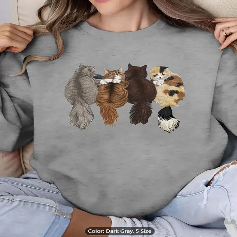 

Womens Dark Gray Sweatshirt Four Cats Back Graphic Print Casual Oversized Pullover Top for Cat Lovers Casual Long Sleeve