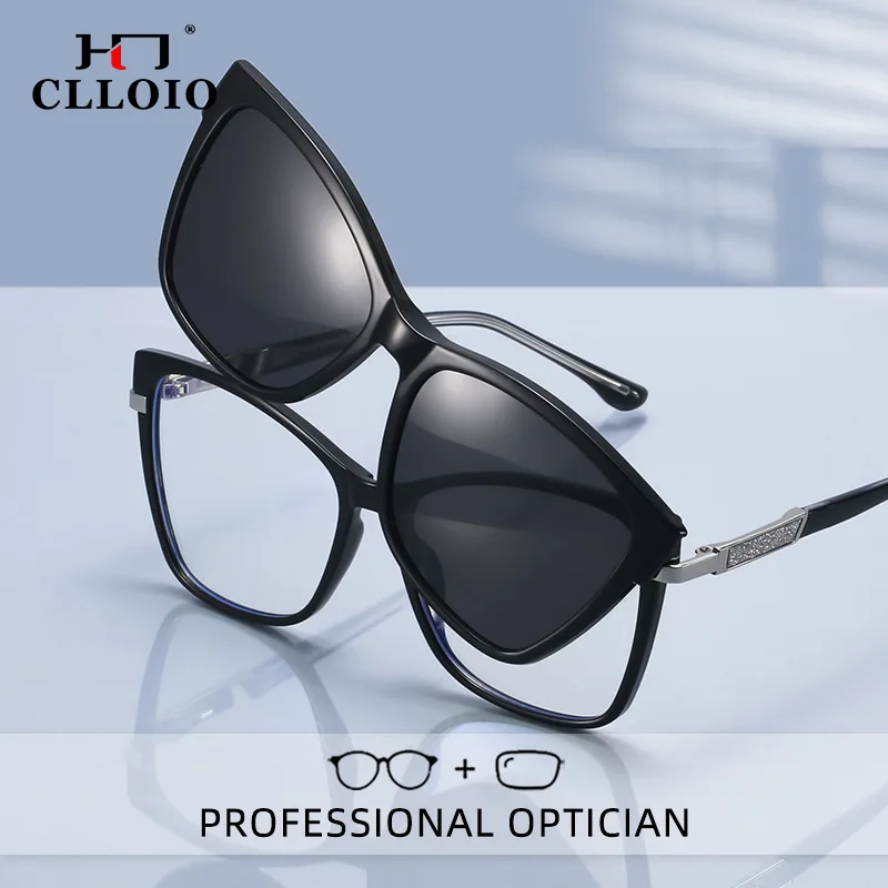 

CLLOIO Magnetic Clip On Glasses Blue Light Blocking Women Myopia Glasses Polarized TR90 Prescription Progressive Reading Glasses