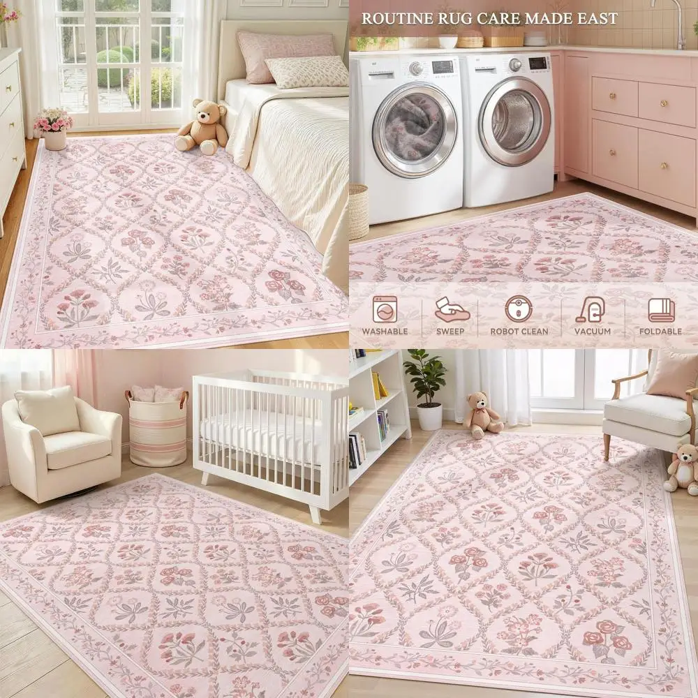 

Floral 5x7 Pink Rug, Washable Soft Low-Pile for Girls' Bedroom, Playroom, Nursery, and Dorm
