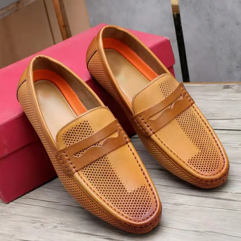 

2024 Spring Summer Men Flat Shoes Round Toe Men Footwear Fashion Leisure Men's Genuine Leather Drive Shoes Male Driveing Shoes