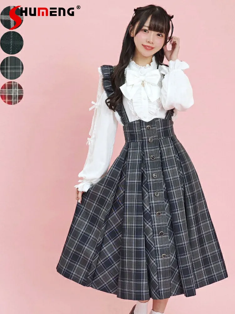 

Japanese Preppy Style Mass-Produced Flying Sleeve High Waist Single-Breasted A-Line Strap Long Plaid Skirts for Women Autumn