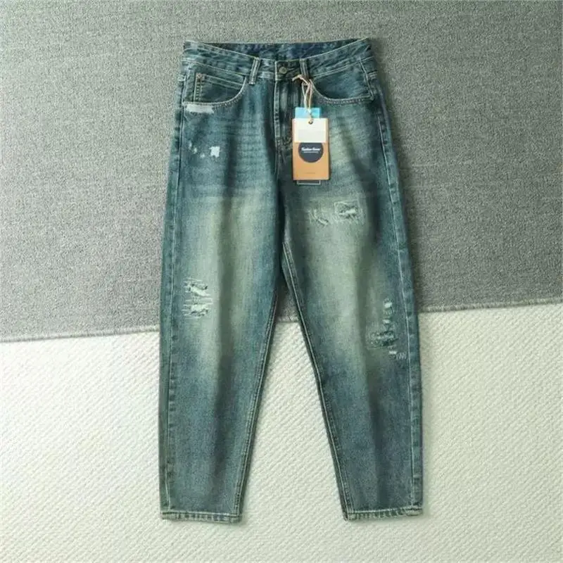 

Мужские джинсы прямого кроя в стиле ретро, повседневные, рваные, белые, из денима, осенние, новые, удобные, свободного кроя