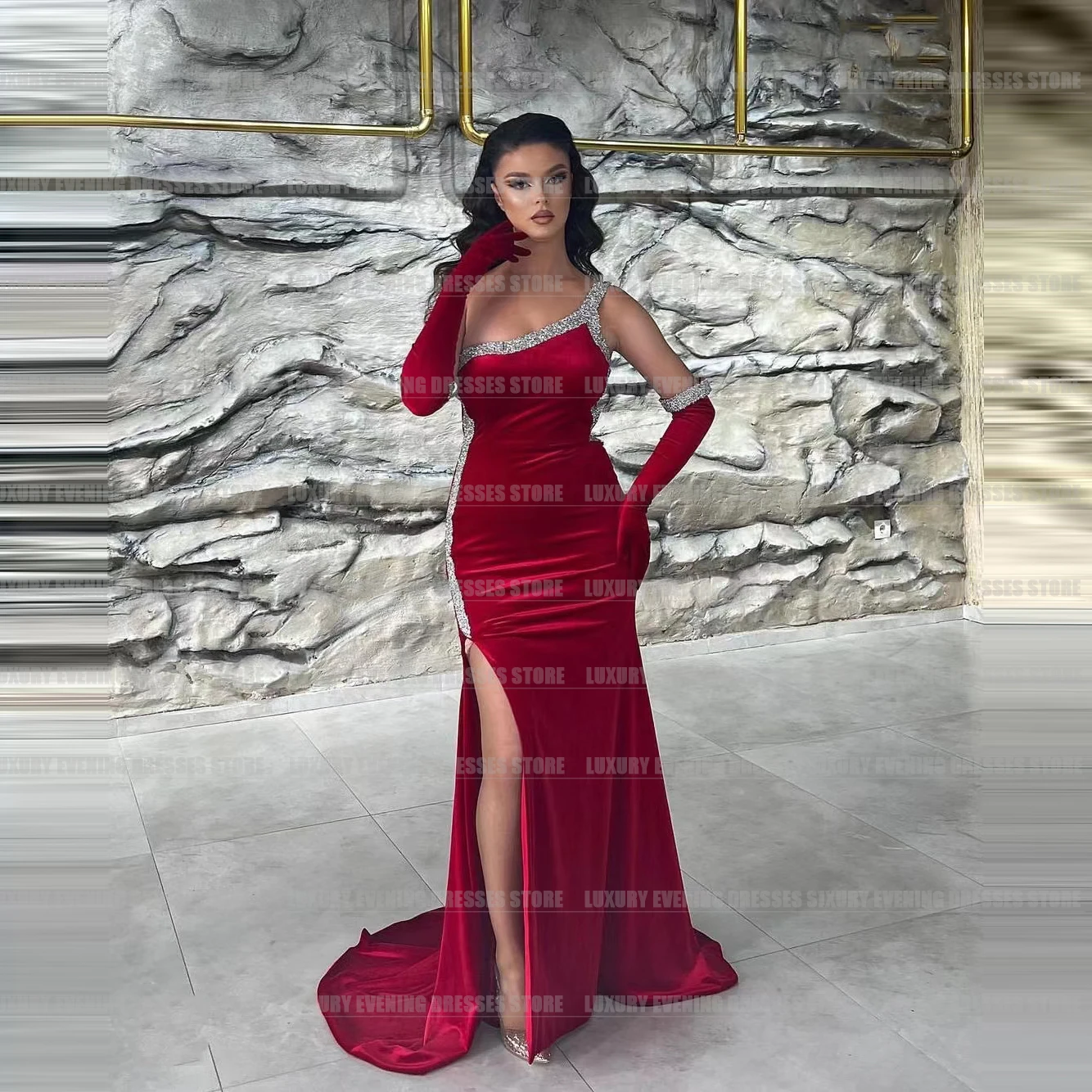 

Elegant Red Evening Dresses For Woman Mermaid Glitter One Shoulder Sexy Side Split 2024 Formal Fashion Party Prom Gowns Gloveles