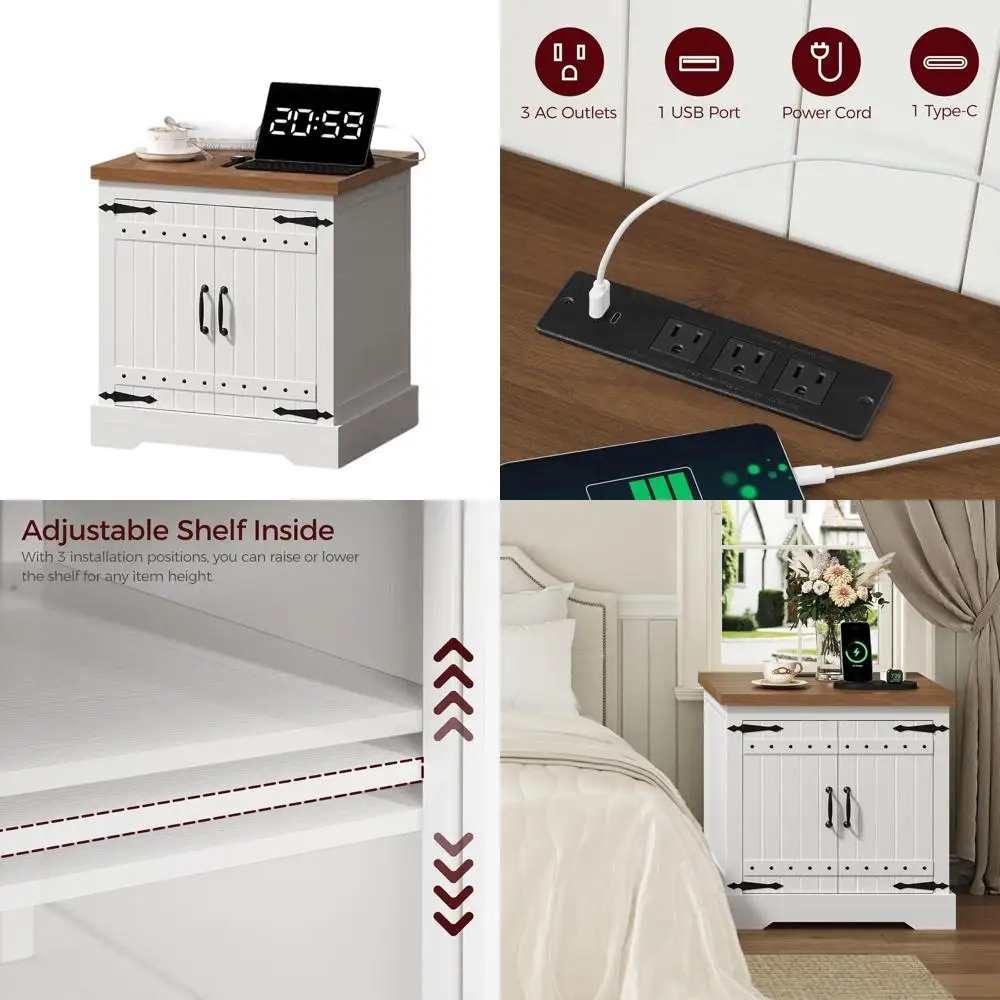 

Прикроватный столик-станция для зарядки в стиле фермерского дома, большой придиванный столик 23,6 дюйма, деревянная квадратная тумбочка с дверцей-амбаром, регулируемая полка, для кровати