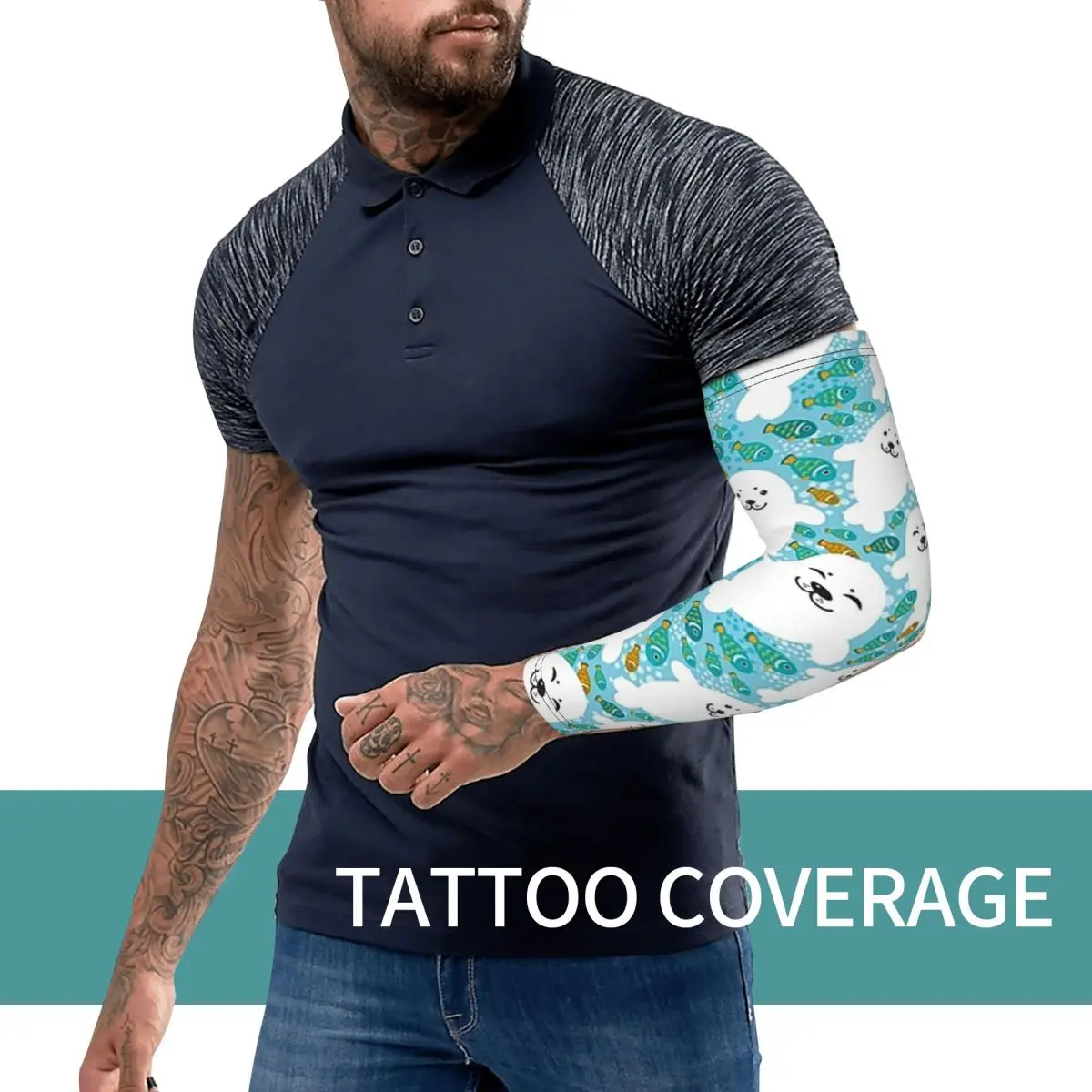 Kawaii süße Robbe und Fische im Wasser Outdoor Armstulpen Sonne UV-Schutz Abdeckung Sommer Radfahren Tattoo Ärmel