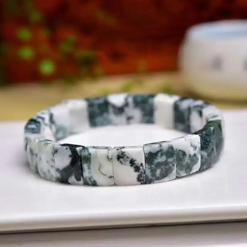 Natural Moss Agate Faceted Bangle Crystal Healing Stone Stretch Polychrome Gemstone For Women Birthday Present