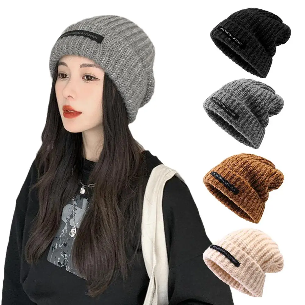 Versatile Solid Color Woolen Knit Beanie Hat For Women Fashionable And Warm Winter Bonnet Autumn Skull Cap For Ladies E5J2