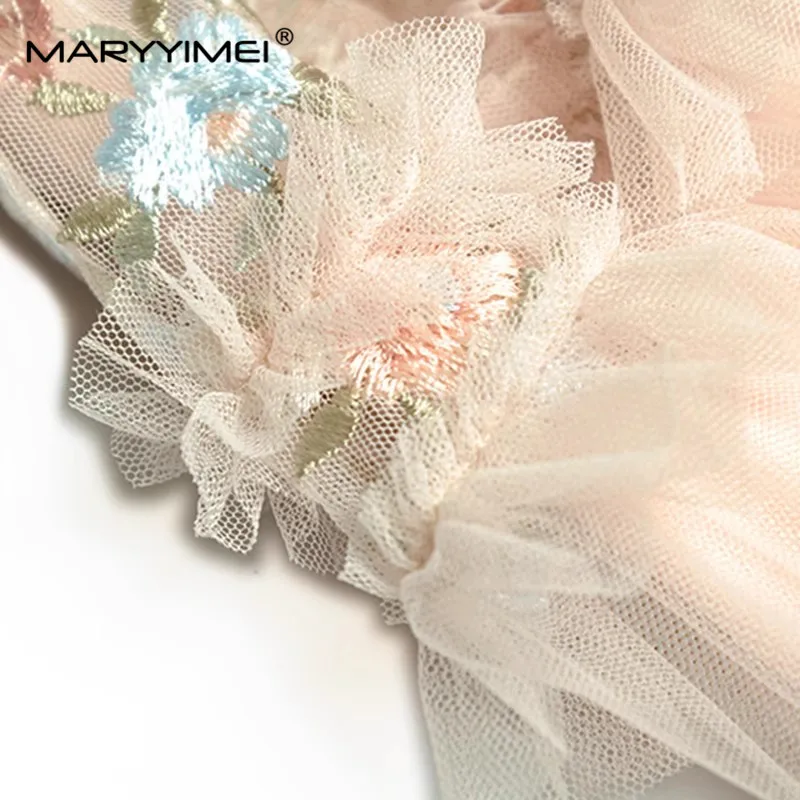 MARYYIMEI Fashion Spring Summer Women\'s dress Mesh flower embroidery Edible Tree Fungus ruffles Elegant Party Maxi Dresses