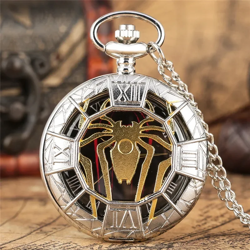 

Steampunk Silver Hollow Out Spider Animal Cover Half Hunter Quartz Analog Pocket Watch Necklace Chain Animal Clock To Kid Reloj