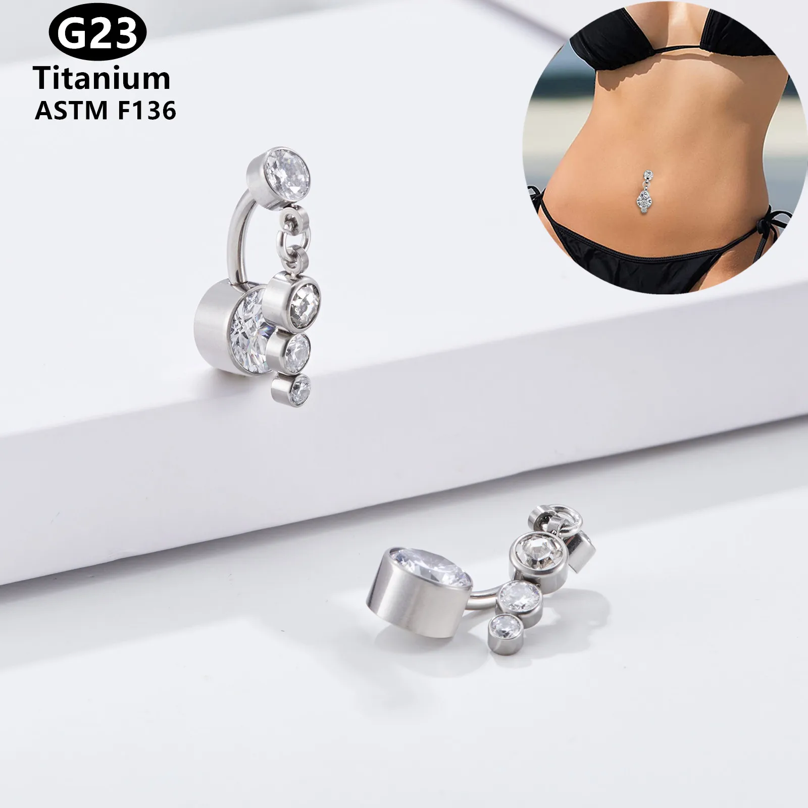 

G23 Titanium 14G Luxury Silver Color Women Belly Button Rings Crystal Zircon Navel Piercing Drop Dangle Trendy Sexy Body Jewelry