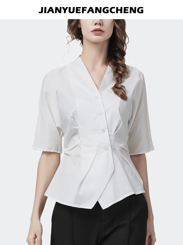 Elegant Slim Women Summer Short Sleeve V-neck Cotton White Shirt Single-breasted Button-down Tops Office Ladies Blouses