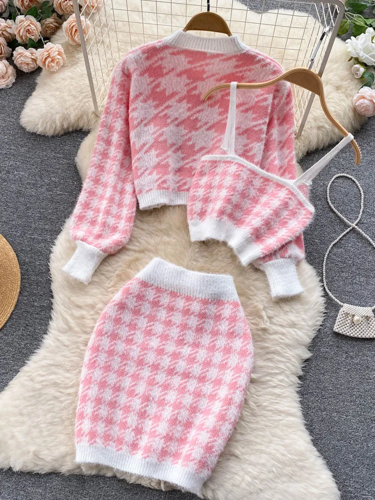 Nowa jesienna dzianina Plaid Cardigans + Camisole + spódnice 3 sztuk zestawy koreańska krótka sweter płaszcz + kamizelka + Mini spódnica garnitury