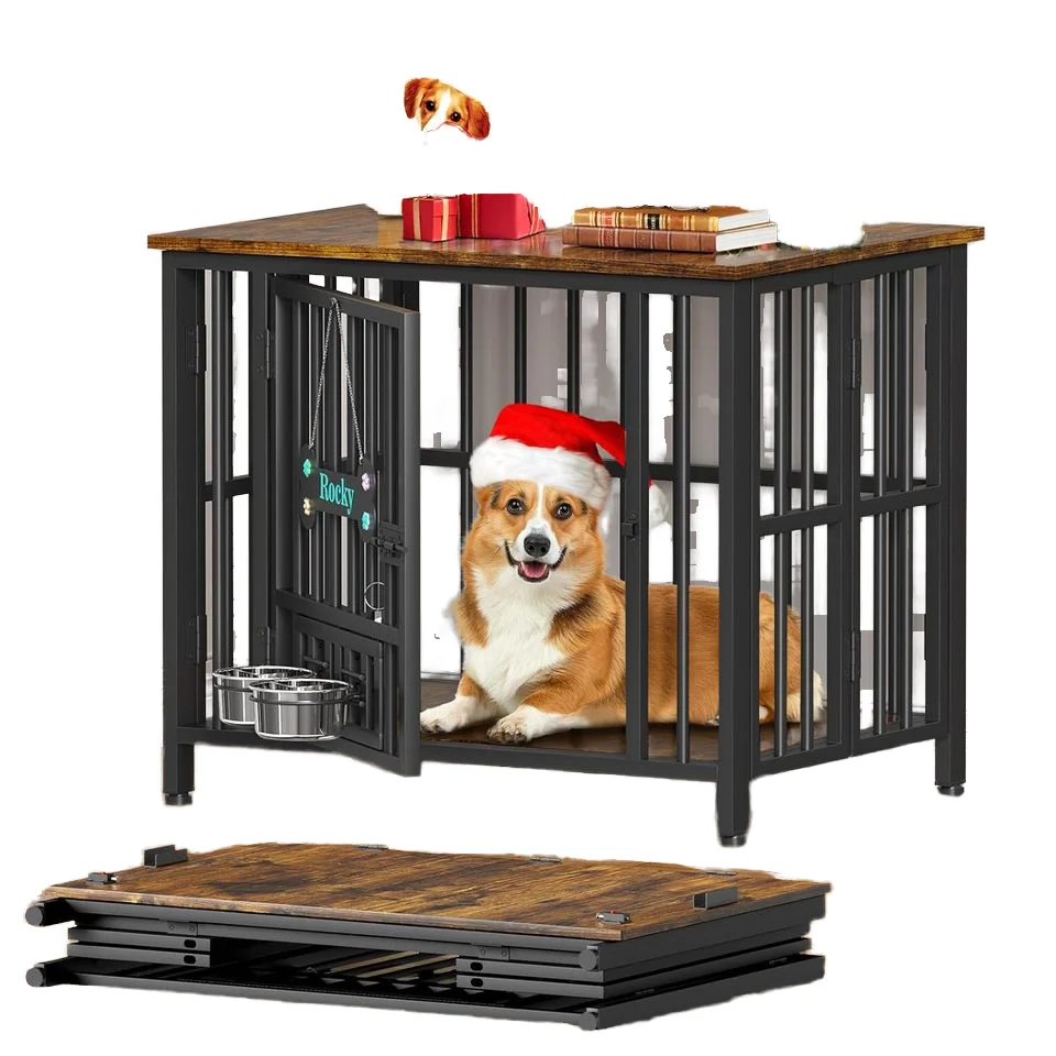 

Easycom 31" Eco-friendly Foldable Dog Crate Furniture Adjustable Bowls Name Tag Rustic Brown Wooden Kennel for Medium Dogs