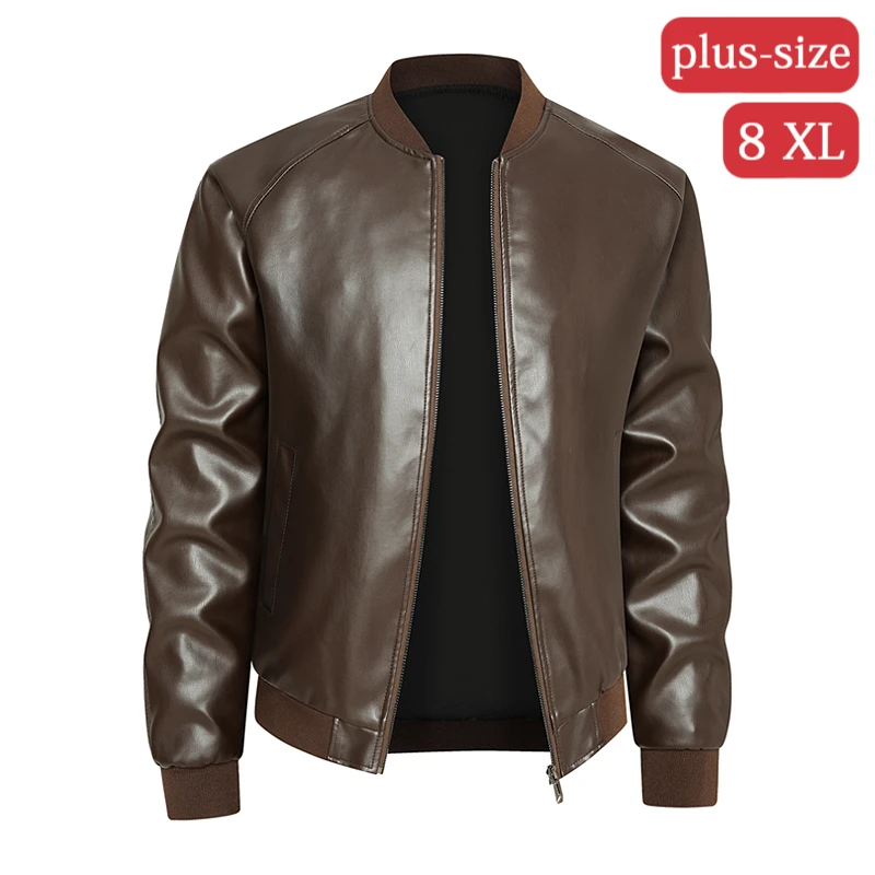 

New Fashion Stand Up Collar Zipper Leather Jacket, Casual Fashion Motorcycle Leather Jacket, Men's Leather Jacket Plus Size