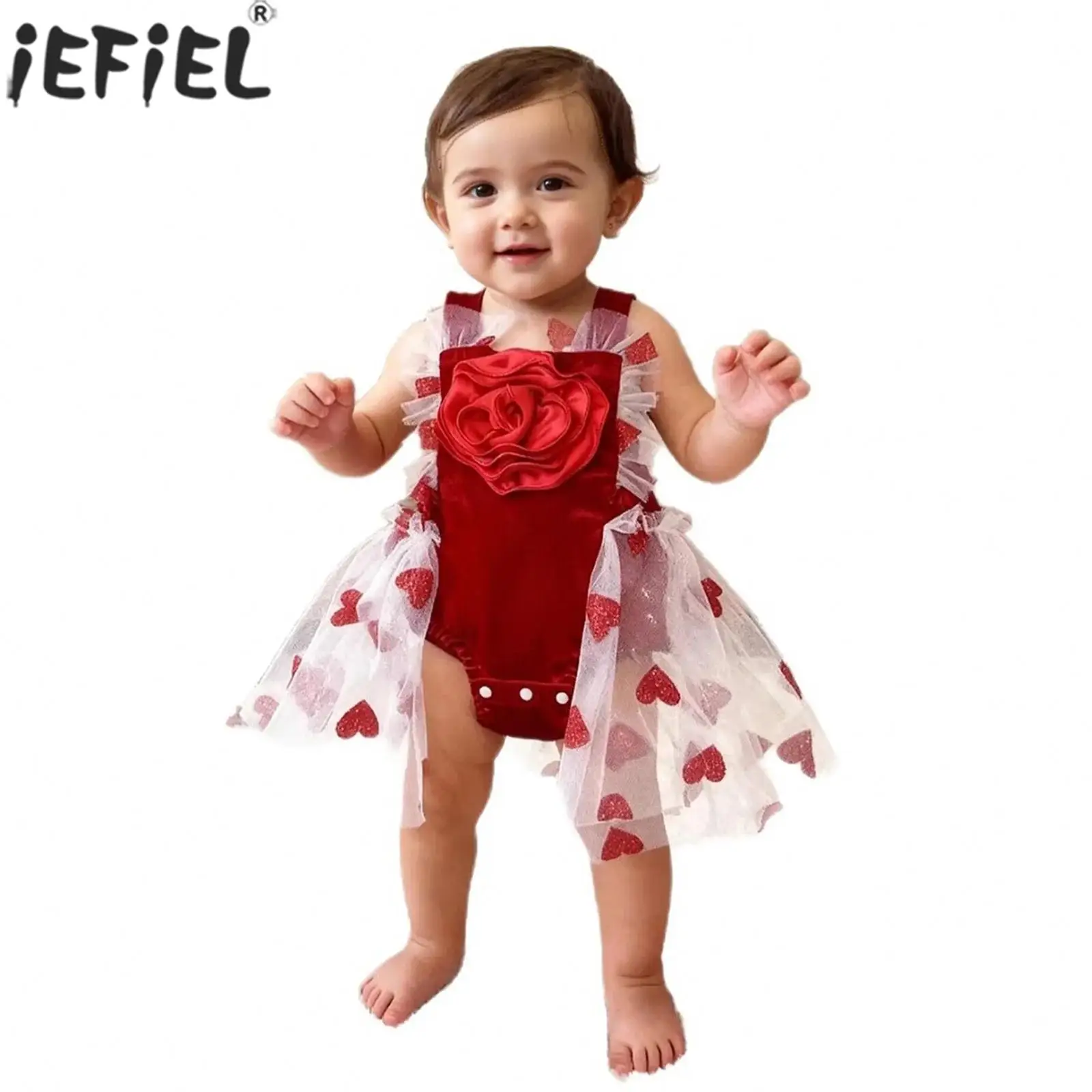 

Toddler Baby Girls 1st Valentines Day Costume Cute Flower Bow Heart Tulle Velvet Romper Dress for Birthday Party Cake Smash